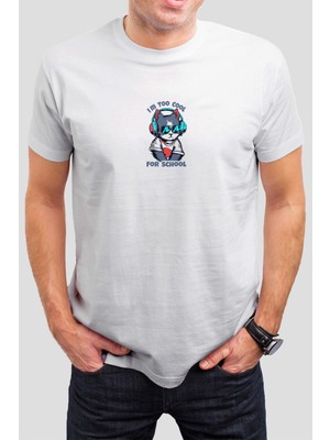 T-35 Müzik Dinleyen Kedi Baskılı Beyaz  Tişört C640