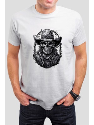 T-35 Şapkalı Kuru Kafa Baskılı Beyaz  Tişört C682
