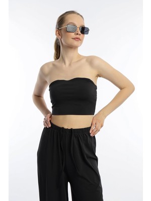 Quhox Kadın Allegro Kumaş Askısız Crop Top Siyah