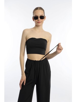 Quhox Kadın Allegro Kumaş Askısız Crop Top Siyah