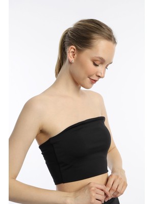 Quhox Kadın Allegro Kumaş Askısız Crop Top Siyah