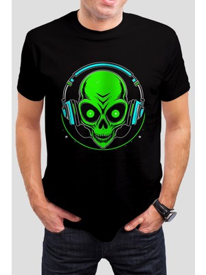 T-35 Uzaylı Kuru Kafa Baskılı Siyah  Tişört C689