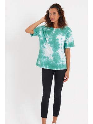 Quhox Kadın Batik Yıkamalı Oversize T-Shirt Yeşil