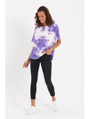 Quhox Kadın Batik Yıkamalı Oversize T-Shirt Mor