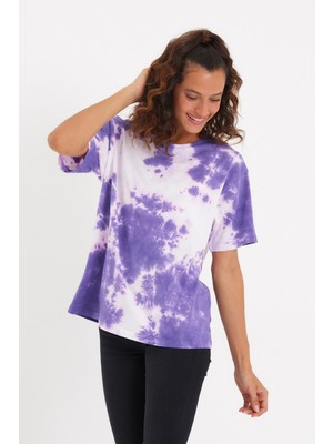 Quhox Kadın Batik Yıkamalı Oversize T-Shirt Mor