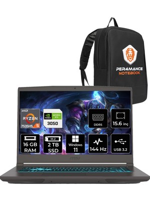 Msı Thin A15 Amd Ryzen 5 7535HS 16GB 2tb SSD RTX3050/4GB 15.6" Fhd 144Hz W11P Taşınabilir Bilgisayar B7UC-077XTR & Per4 Çanta B7UCP389