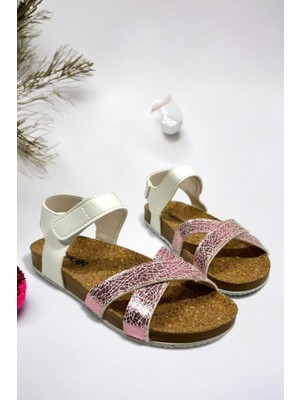 Ponchiq Beyaz Cırt Cırtlı Çapraz Kız Çocuk Sandalet Yumuşak Doku ve Memory Foam Taban