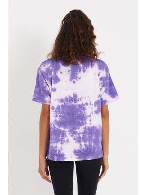 Quhox Kadın Batik Yıkamalı Oversize T-Shirt Mor