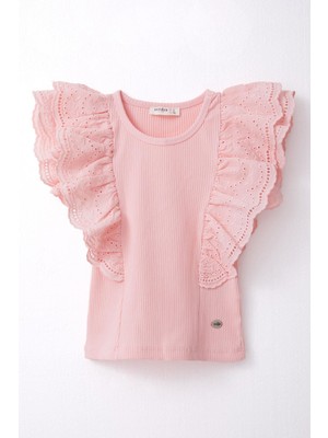 Breeze Kız Çocuk Tişört Güpürlü Çiçek & Yaprak Nakışlı 6-12 Yaş, Somon