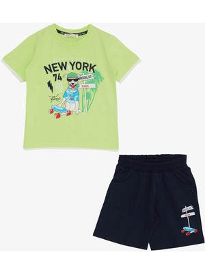 Breeze Erkek Çocuk Şortlu Takım Sevimli Özgür Kaykaycı Köpekçik Baskılı 2-6 Yaş, Fıstık Yeşili