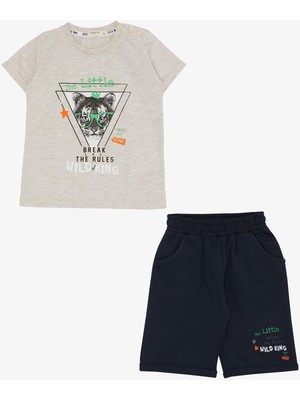 Breeze Erkek Çocuk Şortlu Takım Kral Aslancık Baskılı 1-4 Yaş, Bej Melanj
