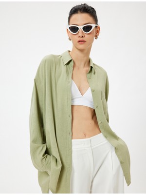 Koton Keten Plaj Elbisesi Oversize Gömlek Yaka Cep Detaylı Uzun Kollu