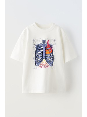 Unisex Ive Got A Heart On Fire Tasarım Baskılı Pamuk Beyaz Oversize T-Shirt
