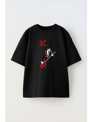 The Wert Unisex Acdc Metallica Gitar Kırmızı Tasarım Baskılı Pamuk Sıyah Oversize T-Shirt