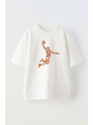 The Wert Unisex Basketbol Orange Tasarım Baskılı Pamuk Beyaz Oversize T-Shirt