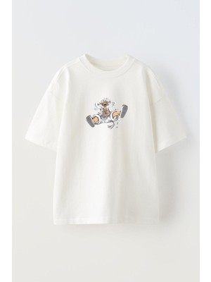 Unisex One Piece Luffy Gear Alt Tasarım Baskılı Pamuk Beyaz Oversize T-Shirt