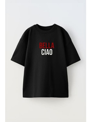 Unisex Bella Ciao Tasarım Baskılı Pamuk Sıyah Oversize T-Shirt