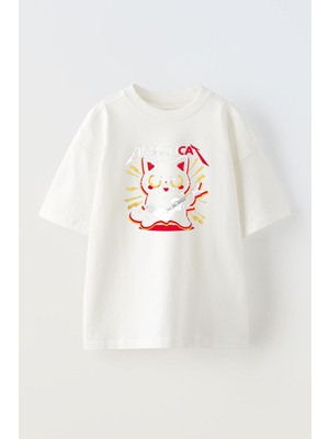 The Wert Unisex Metallıca Cat Red Tasarım Baskılı Pamuk Beyaz Oversize T-Shirt