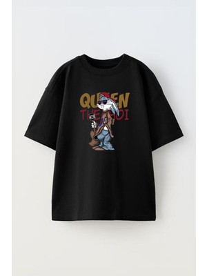 Unisex Quen The Bunny Tasarım Baskılı Pamuk Sıyah Oversize T-Shirt
