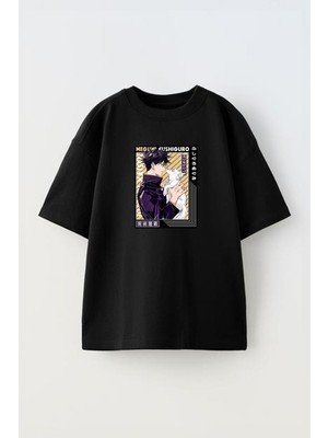 The Wert Unisex Megumi Fushigoro Dog Tasarım Baskılı Pamuk Sıyah Oversize T-Shirt