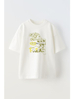 The Wert Unisex T-Rex Yellow Yeah Tasarım Baskılı Pamuk Beyaz Oversize T-Shirt