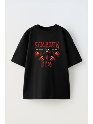 Unisex Symbıote Gym Tasarım Baskılı Pamuk Sıyah Oversize T-Shirt
