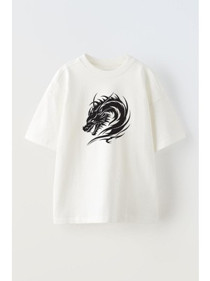 Unisex Dragon Cizim Japon Ejder Tasarım Baskılı Pamuk Beyaz Oversize T-Shirt