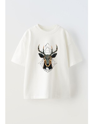 Unisex Geyik Tasarım Baskılı Pamuk Beyaz Oversize T-Shirt