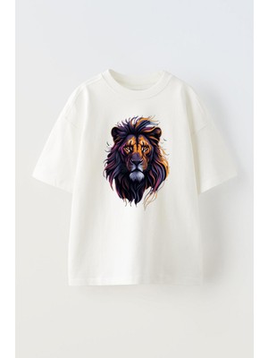 The Wert Unisex Aslan Kral Tasarım Baskılı Pamuk Beyaz Oversize T-Shirt