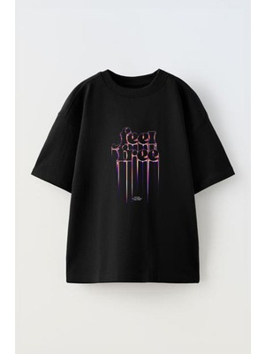 The Wert Unisex Feel Free Tasarım Baskılı Pamuk Sıyah Oversize T-Shirt
