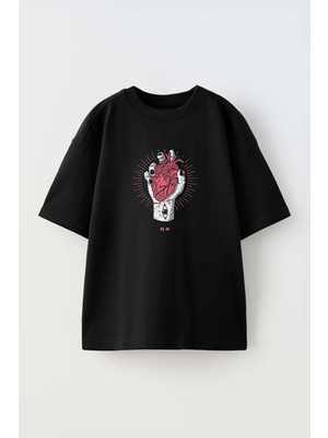 Unisex Kalp Tutan El Göz Tasarım Baskılı Pamuk Sıyah Oversize T-Shirt