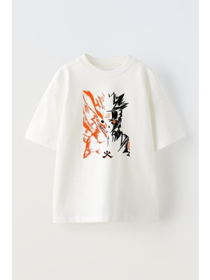 Unisex Naruto Kurama Tasarım Baskılı Pamuk Beyaz Oversize T-Shirt