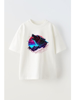 Unisex Renklı Kurt Tasarım Baskılı Pamuk Beyaz Oversize T-Shirt