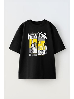 The Wert Unisex New York Brave Tasarım Baskılı Pamuk Sıyah Oversize T-Shirt