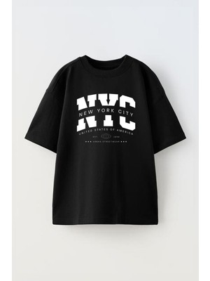 Unisex New York City Tasarım Baskılı Pamuk Sıyah Oversize T-Shirt