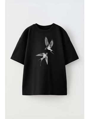 The Wert Unisex Kuşlar Tasarım Baskılı Pamuk Sıyah Oversize T-Shirt