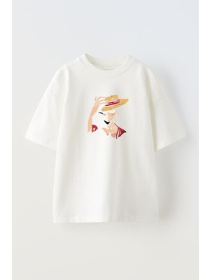 Unisex One Piece Tasarım Baskılı Pamuk Beyaz Oversize T-Shirt