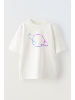 The Wert Unisex Saturn Tasarım Baskılı Pamuk Beyaz Oversize T-Shirt
