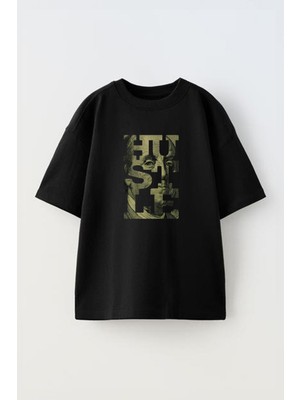The Wert Unisex Hustle Tasarım Baskılı Pamuk Sıyah Oversize T-Shirt