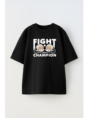The Wert Unisex Muay Thai Boxing Fists Tasarım Baskılı Pamuk Sıyah Oversize T-Shirt