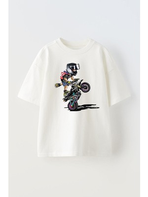 Unisex Ayakta On Kaldıran Motorcu Tasarım Baskılı Pamuk Beyaz Oversize T-Shirt