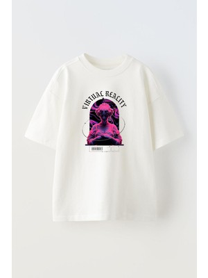 Unisex Vırtual Realıty Tasarım Baskılı Pamuk Beyaz Oversize T-Shirt
