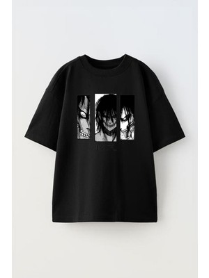The Wert Unisex Eren Atak On Titan Anime Tasarım Baskılı Pamuk Sıyah Oversize T-Shirt