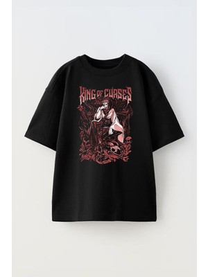 Unisex King Of Curses Dark Tasarım Baskılı Pamuk Sıyah Oversize T-Shirt