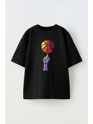 The Wert Unisex Renkli Basket Topu Cevirme Tasarım Baskılı Pamuk Sıyah Oversize T-Shirt