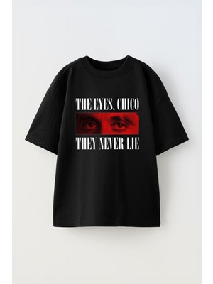 Unisex The Eyes Chıco The Never Lıe Tasarım Baskılı Pamuk Sıyah Oversize T-Shirt