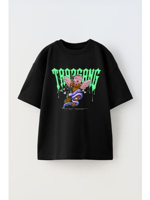 The Wert Unisex Trargang Tasarım Baskılı Pamuk Sıyah Oversize T-Shirt