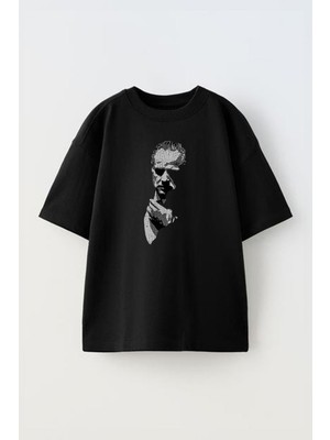 The Wert Unisex The Godfather Gri Cizim Tasarım Baskılı Pamuk Sıyah Oversize T-Shirt
