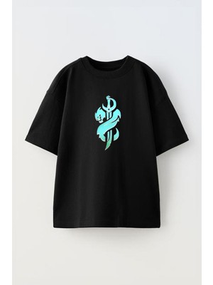 Unisex Mavi Ejderha Kılıç Tasarım Baskılı Pamuk Sıyah Oversize T-Shirt
