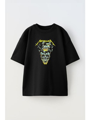 Unisex Metallıca Saatlı Kurukafa Tasarım Baskılı Pamuk Sıyah Oversize T-Shirt